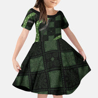 Hawaiian Quilt Family Matching Off The Shoulder Long Sleeve Dress and Hawaiian Shirt Pele Hair Hinahina Lei Black Version