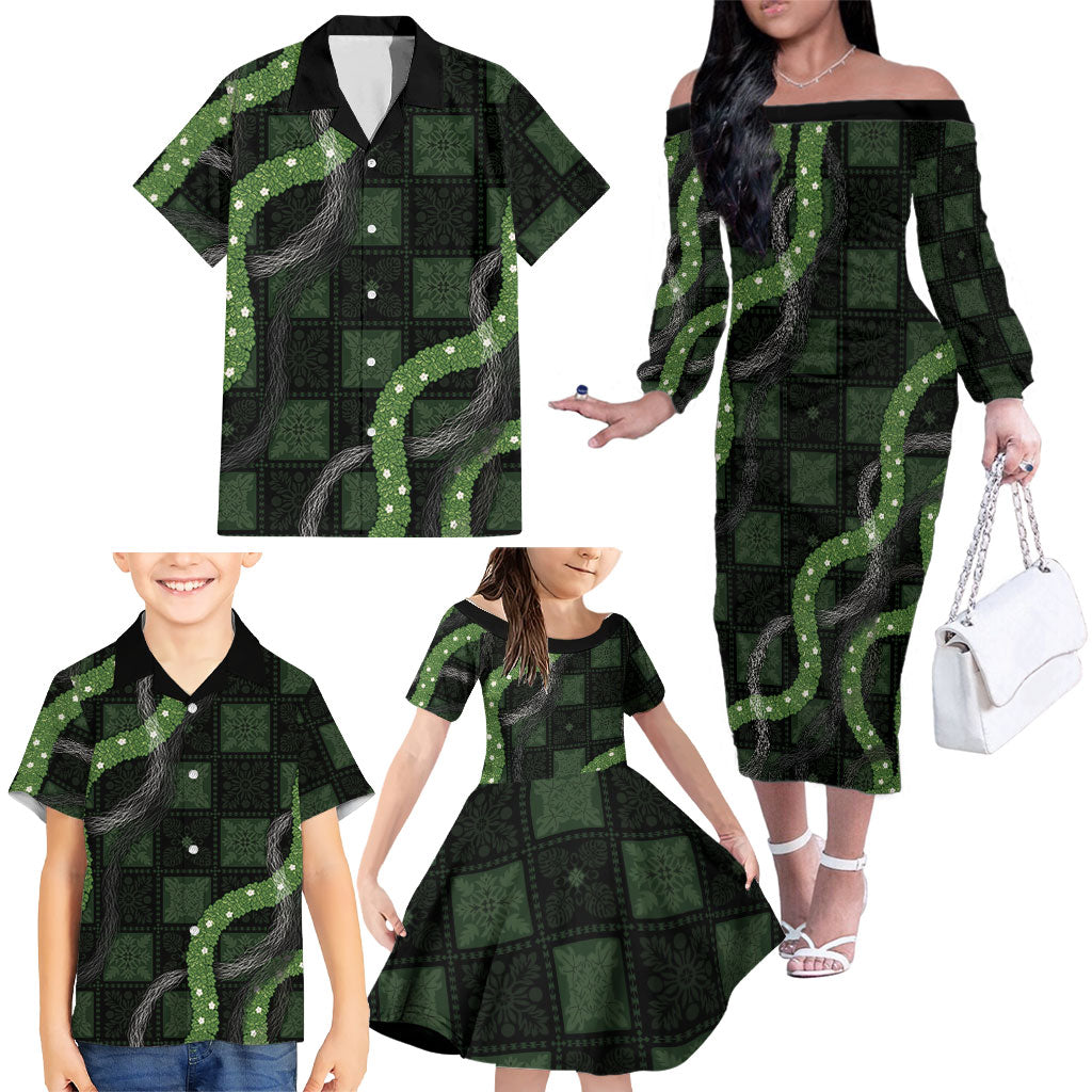 Hawaiian Quilt Family Matching Off The Shoulder Long Sleeve Dress and Hawaiian Shirt Pele Hair Hinahina Lei Black Version LT05 - Polynesian Pride