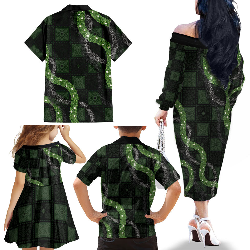 Hawaiian Quilt Family Matching Off The Shoulder Long Sleeve Dress and Hawaiian Shirt Pele Hair Hinahina Lei Black Version