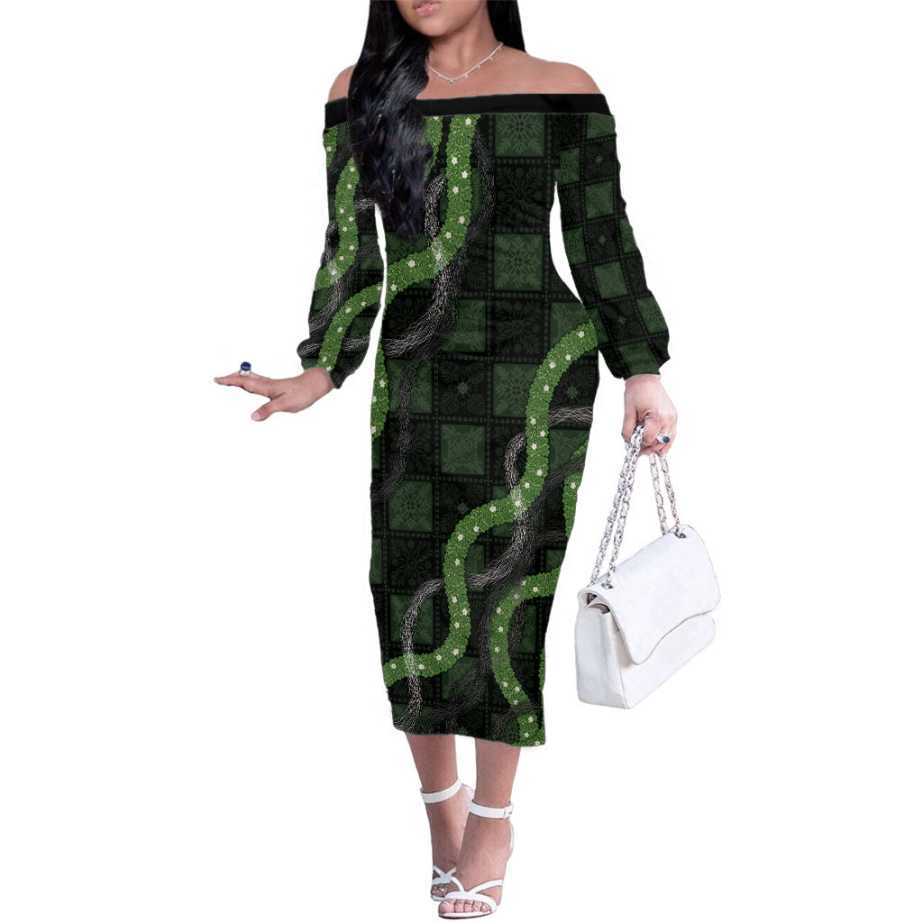 Hawaiian Quilt Family Matching Off The Shoulder Long Sleeve Dress and Hawaiian Shirt Pele Hair Hinahina Lei Black Version