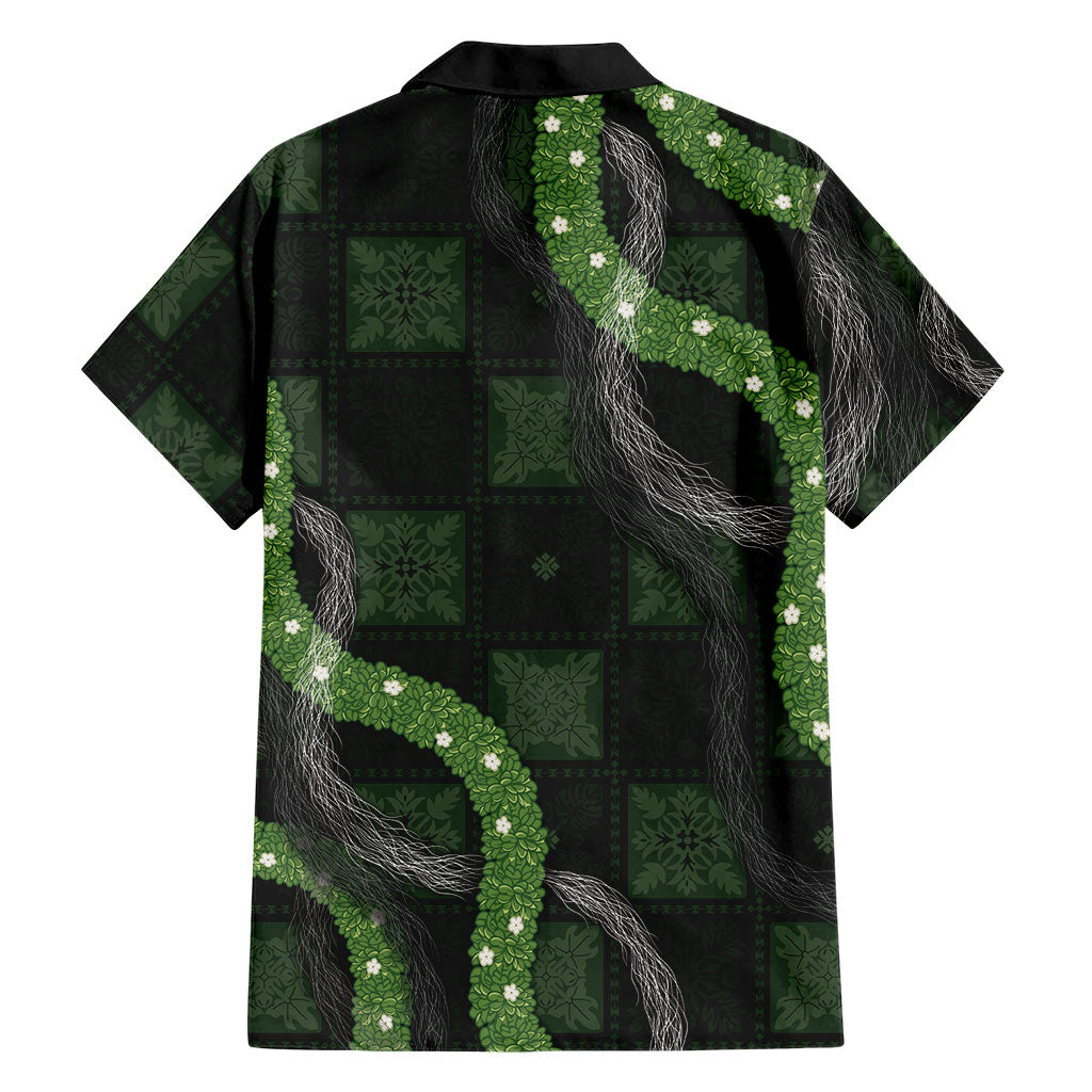 Hawaiian Quilt Family Matching Off Shoulder Short Dress and Hawaiian Shirt Pele Hair Hinahina Lei Black Version