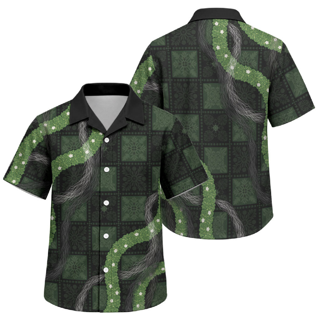 Hawaiian Quilt Family Matching Puletasi and Hawaiian Shirt Pele Hair Hinahina Lei Black Version LT05 - Polynesian Pride