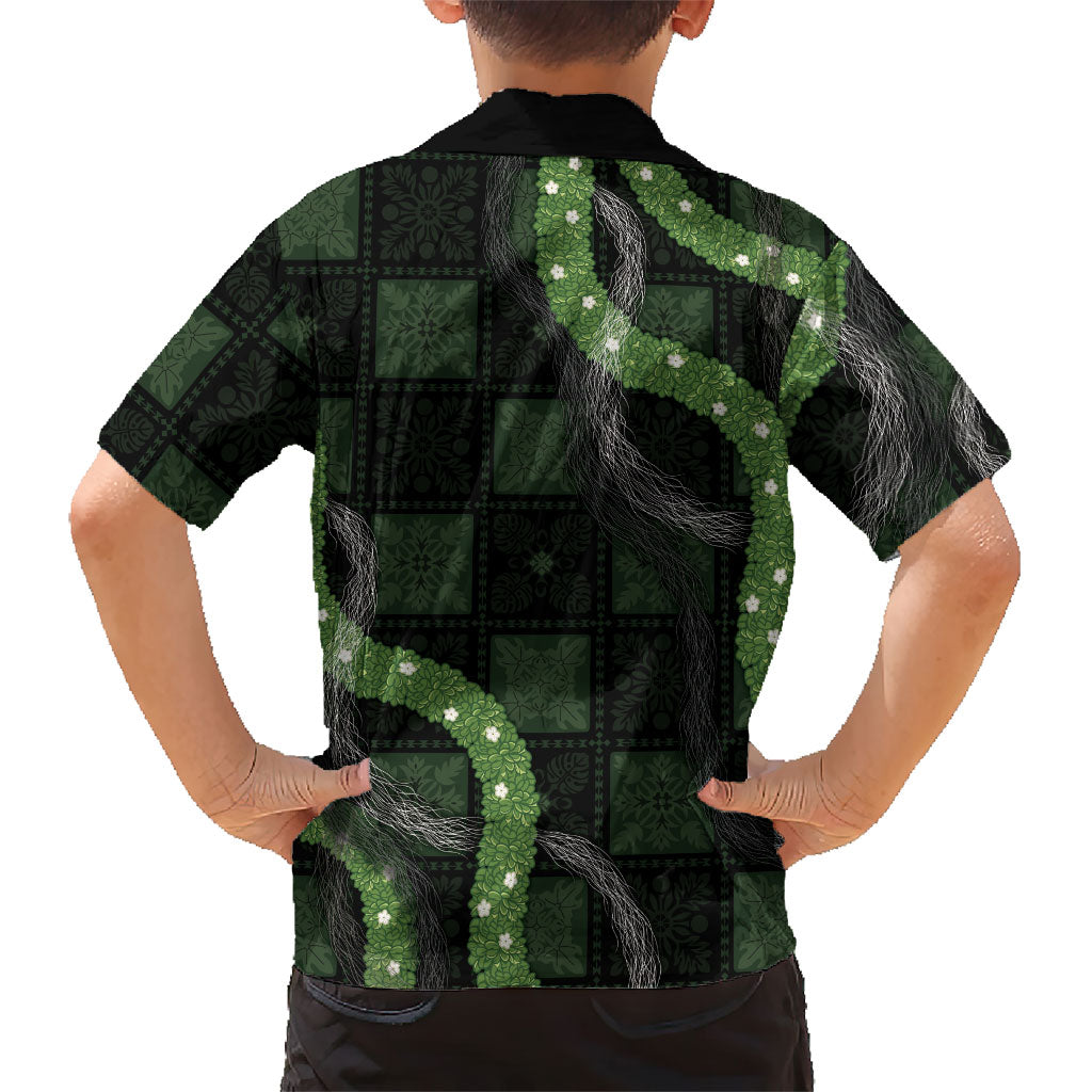 Hawaiian Quilt Family Matching Short Sleeve Bodycon Dress and Hawaiian Shirt Pele Hair Hinahina Lei Black Version
