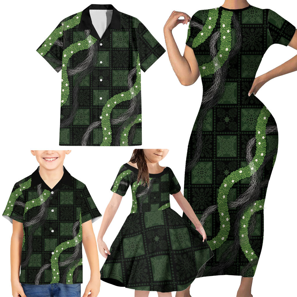 Hawaiian Quilt Family Matching Short Sleeve Bodycon Dress and Hawaiian Shirt Pele Hair Hinahina Lei Black Version LT05 - Polynesian Pride