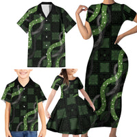 Hawaiian Quilt Family Matching Short Sleeve Bodycon Dress and Hawaiian Shirt Pele Hair Hinahina Lei Black Version
