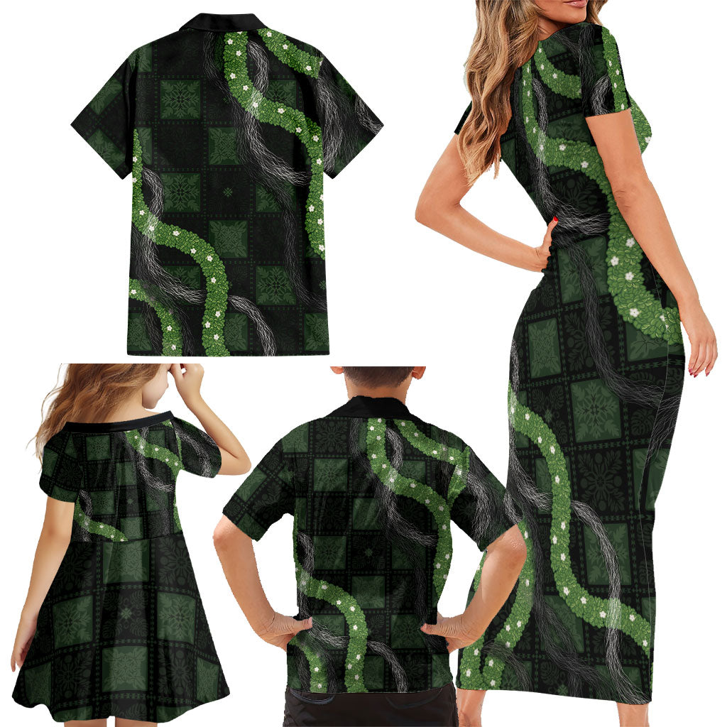 Hawaiian Quilt Family Matching Short Sleeve Bodycon Dress and Hawaiian Shirt Pele Hair Hinahina Lei Black Version