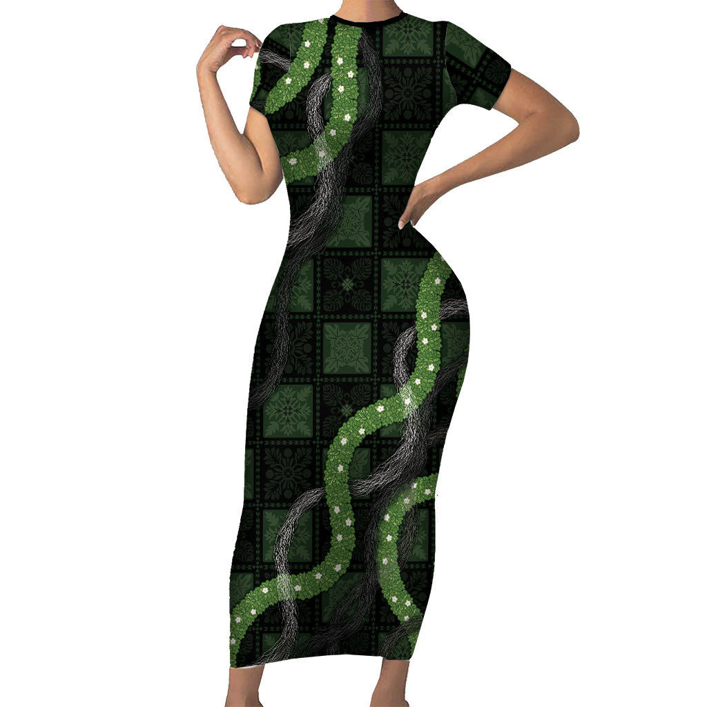 Hawaiian Quilt Family Matching Short Sleeve Bodycon Dress and Hawaiian Shirt Pele Hair Hinahina Lei Black Version