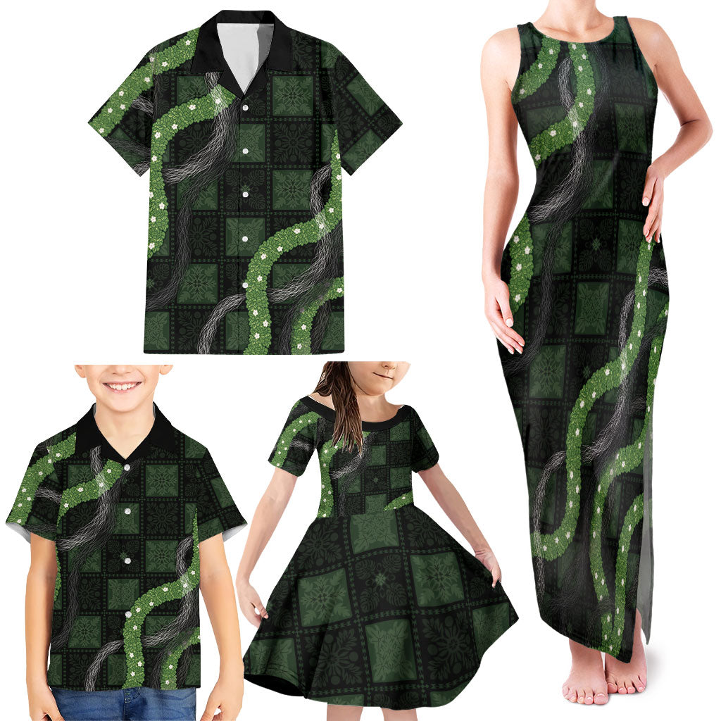 Hawaiian Quilt Family Matching Tank Maxi Dress and Hawaiian Shirt Pele Hair Hinahina Lei Black Version LT05 - Polynesian Pride