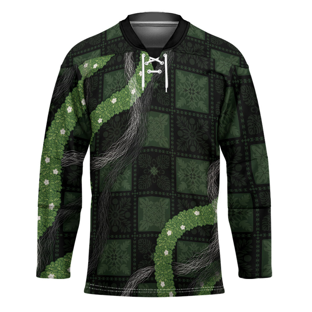 Hawaiian Quilt Hockey Jersey Pele Hair Hinahina Lei Black Version LT05 Unisex Black - Polynesian Pride