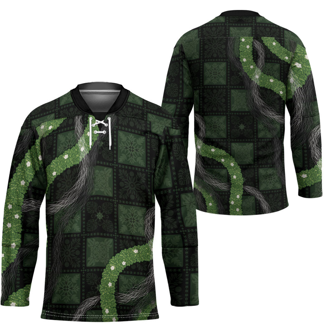 Hawaiian Quilt Hockey Jersey Pele Hair Hinahina Lei Black Version LT05 - Polynesian Pride