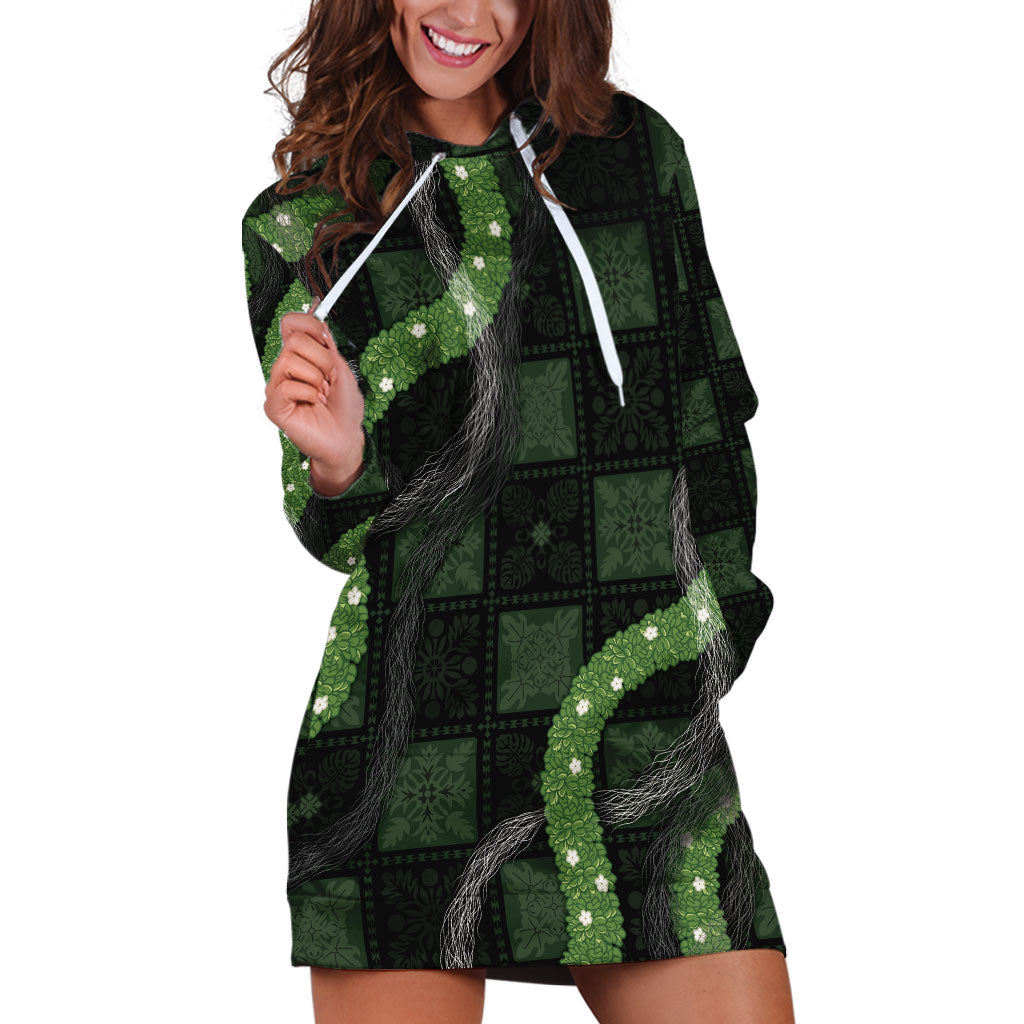 Hawaiian Quilt Hoodie Dress Pele Hair Hinahina Lei Black Version LT05 Black - Polynesian Pride