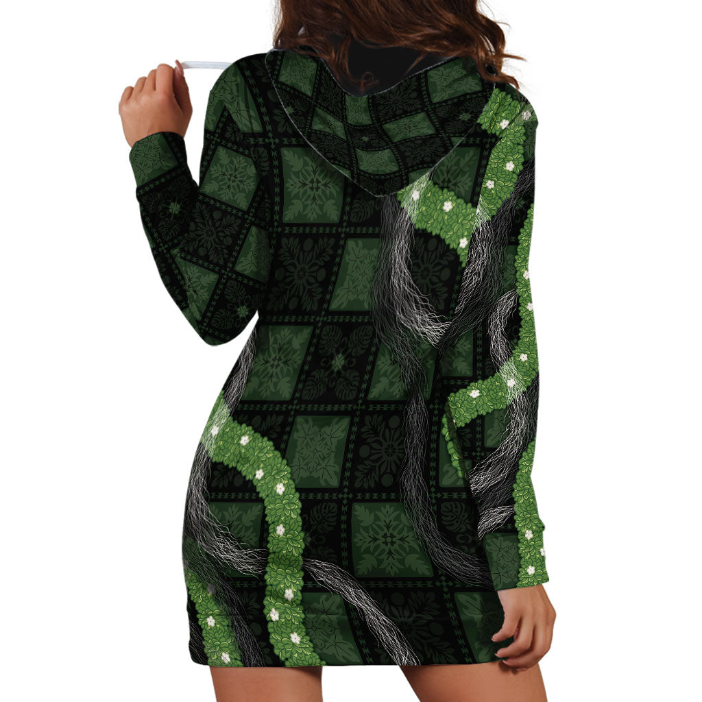 Hawaiian Quilt Hoodie Dress Pele Hair Hinahina Lei Black Version