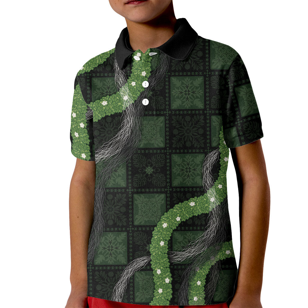 Hawaiian Quilt Kid Polo Shirt Pele Hair Hinahina Lei Black Version LT05 Kid Black - Polynesian Pride