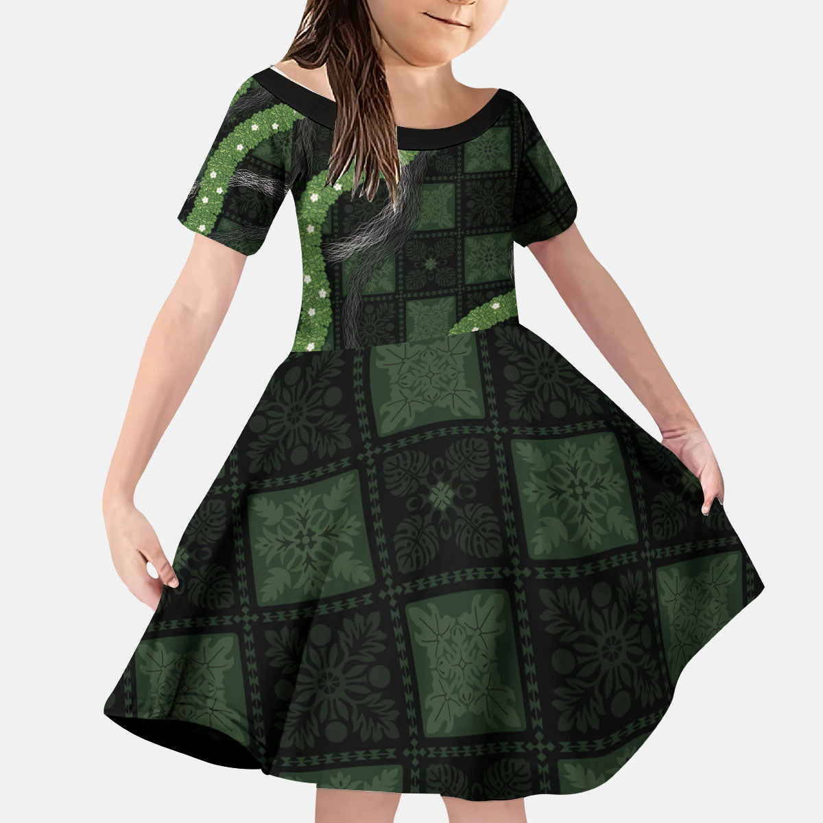 Hawaiian Quilt Kid Short Sleeve Dress Pele Hair Hinahina Lei Black Version LT05 KID Black - Polynesian Pride