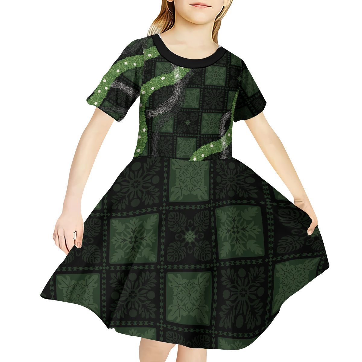Hawaiian Quilt Kid Short Sleeve Dress Pele Hair Hinahina Lei Black Version LT05 - Polynesian Pride