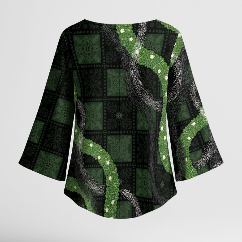 Hawaiian Quilt Kimono Sleeve Blouse Pele Hair Hinahina Lei Black Version LT05 - Polynesian Pride