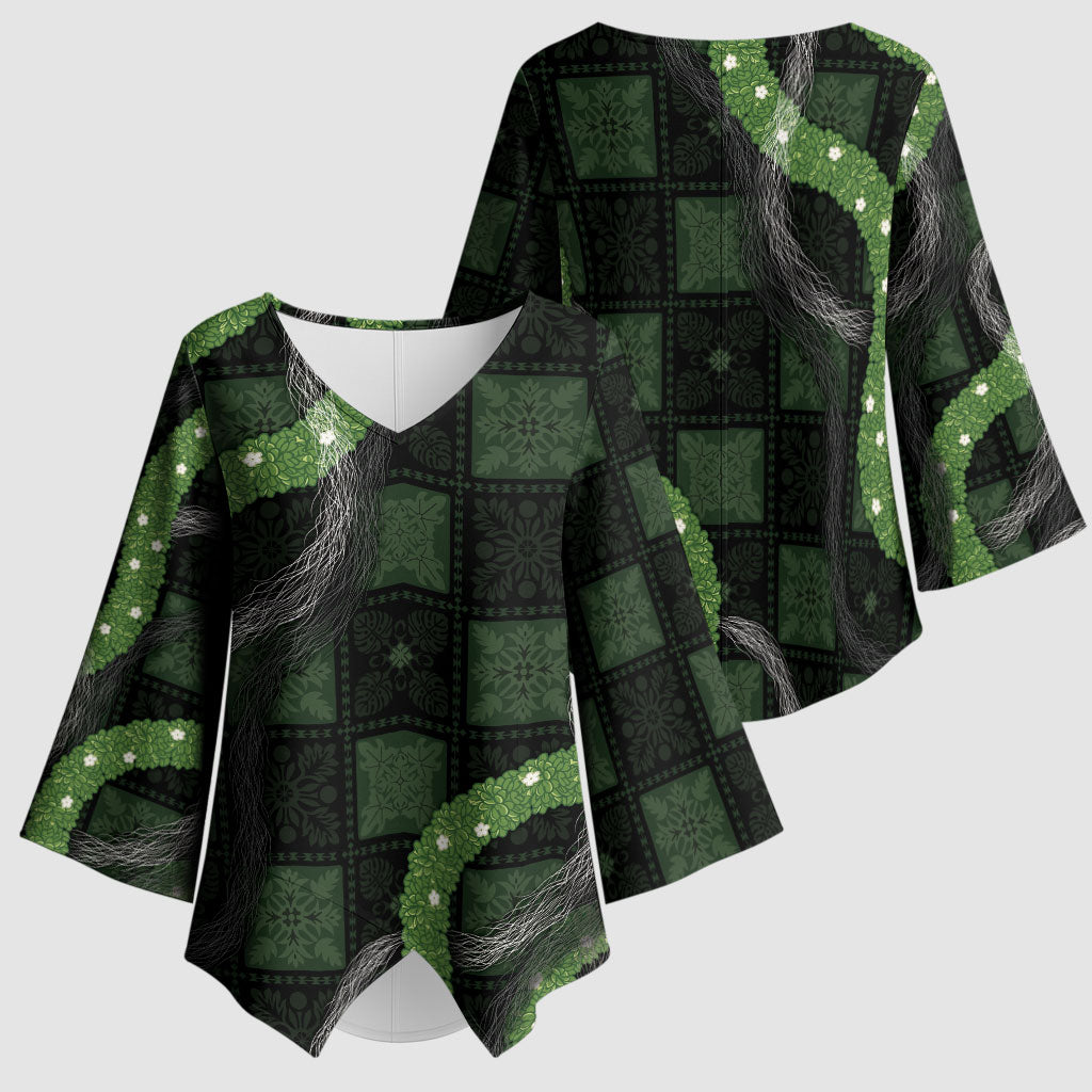 Hawaiian Quilt Kimono Sleeve Blouse Pele Hair Hinahina Lei Black Version LT05 - Polynesian Pride