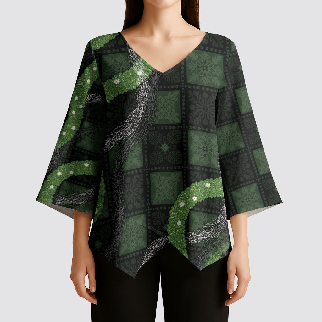 Hawaiian Quilt Kimono Sleeve Blouse Pele Hair Hinahina Lei Black Version LT05 - Polynesian Pride