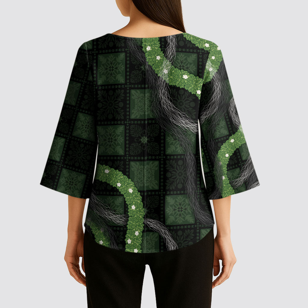 Hawaiian Quilt Kimono Sleeve Blouse Pele Hair Hinahina Lei Black Version LT05 - Polynesian Pride