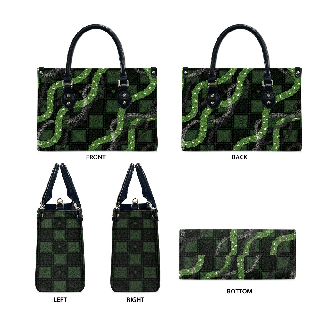 Hawaiian Quilt Leather Bag Pele Hair Hinahina Lei Black Version