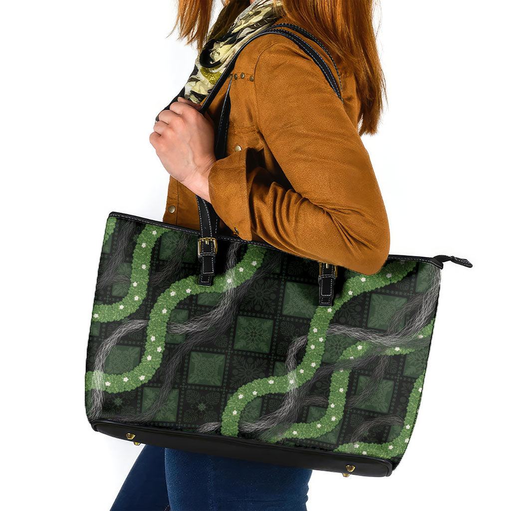Hawaiian Quilt Leather Tote Bag Pele Hair Hinahina Lei Black Version LT05 Black - Polynesian Pride