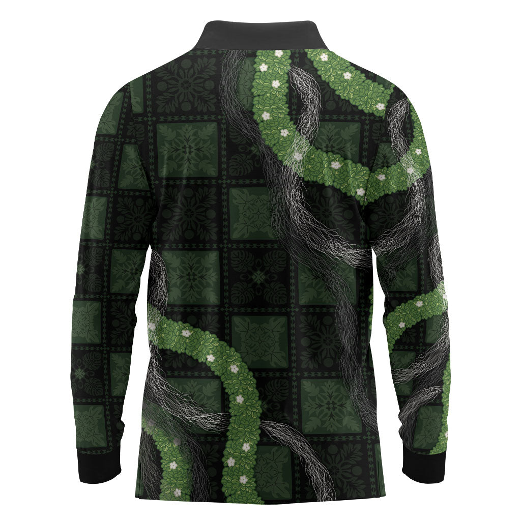 Hawaiian Quilt Long Sleeve Polo Shirt Pele Hair Hinahina Lei Black Version LT05 - Polynesian Pride