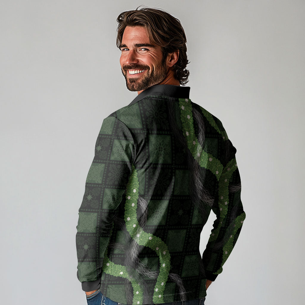 Hawaiian Quilt Long Sleeve Polo Shirt Pele Hair Hinahina Lei Black Version LT05 - Polynesian Pride