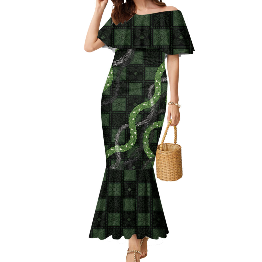 Hawaiian Quilt Mermaid Dress Pele Hair Hinahina Lei Black Version LT05 Women Black - Polynesian Pride