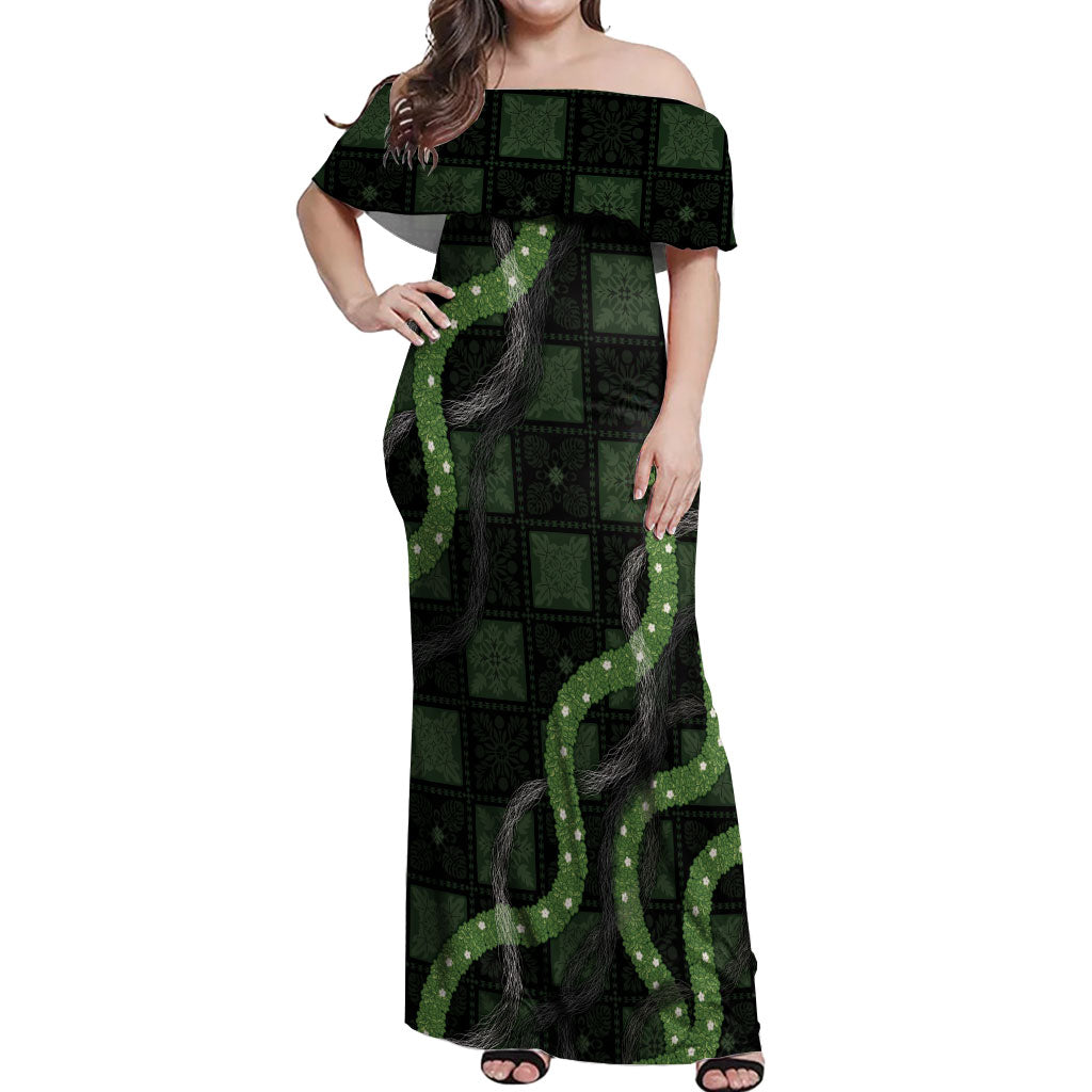 Hawaiian Quilt Off Shoulder Maxi Dress Pele Hair Hinahina Lei Black Version LT05 Women Black - Polynesian Pride