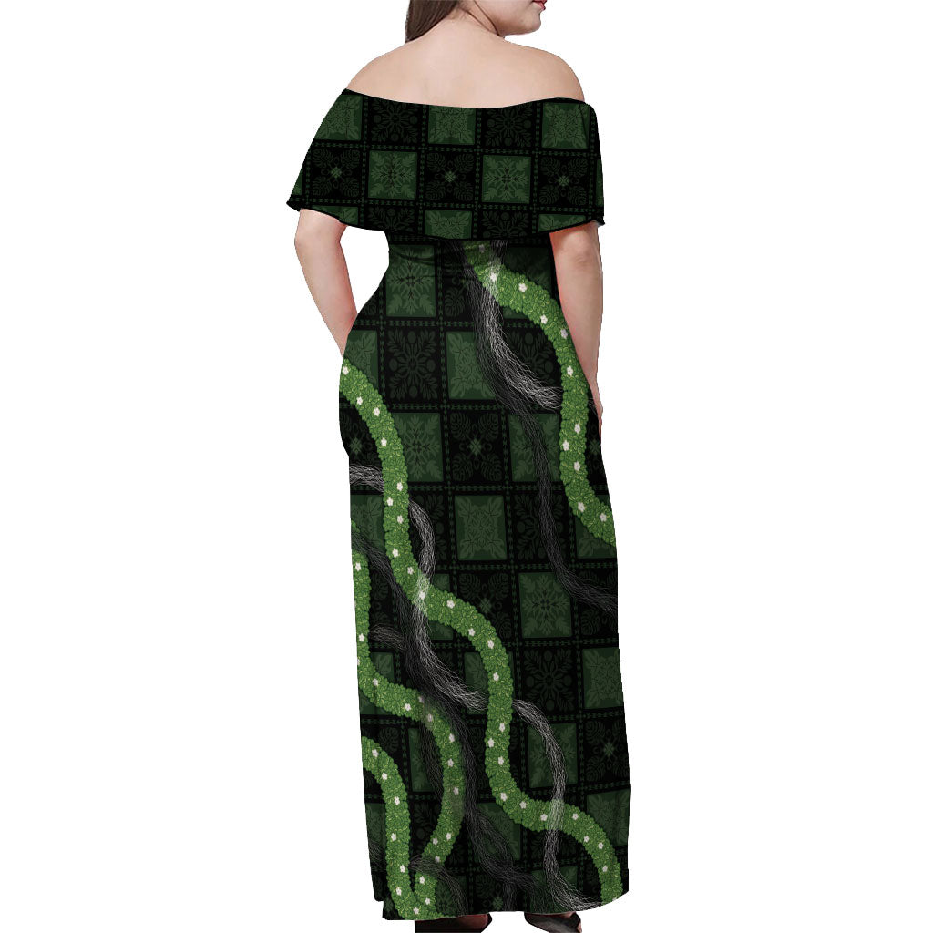 Hawaiian Quilt Off Shoulder Maxi Dress Pele Hair Hinahina Lei Black Version LT05 - Polynesian Pride