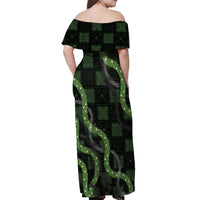 Hawaiian Quilt Off Shoulder Maxi Dress Pele Hair Hinahina Lei Black Version LT05 - Polynesian Pride