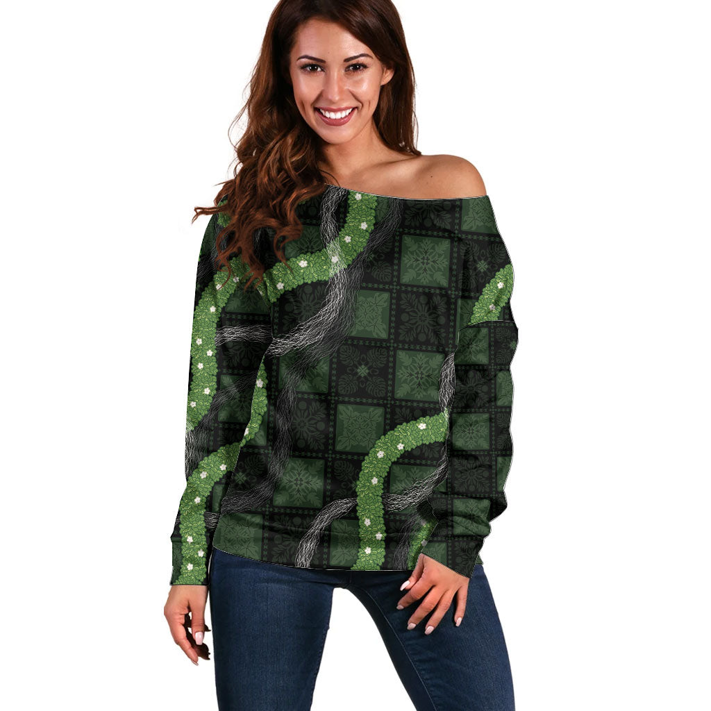 Hawaiian Quilt Off Shoulder Sweater Pele Hair Hinahina Lei Black Version LT05 Women Black - Polynesian Pride