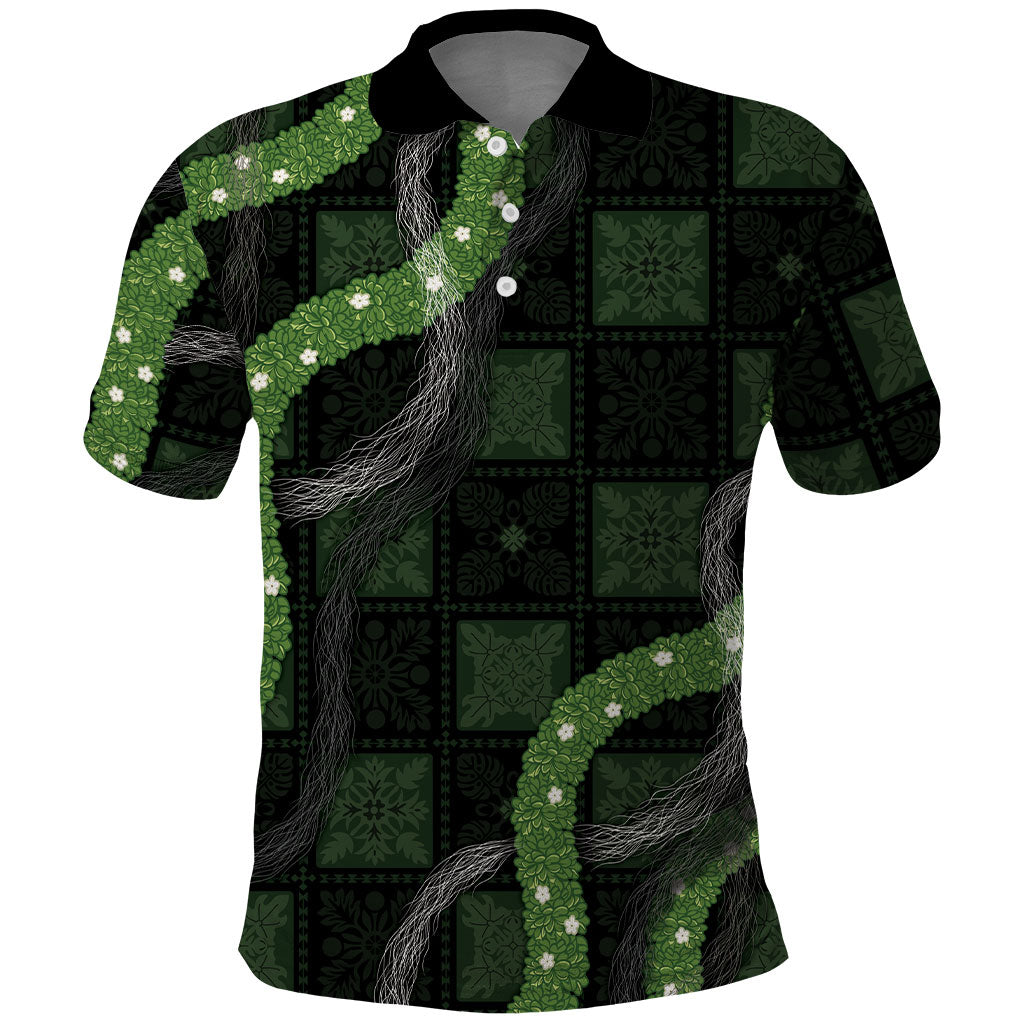 Hawaiian Quilt Polo Shirt Pele Hair Hinahina Lei Black Version LT05 Black - Polynesian Pride