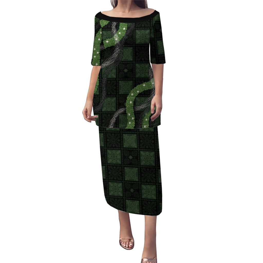 Hawaiian Quilt Puletasi Pele Hair Hinahina Lei Black Version LT05 Long Dress Black - Polynesian Pride