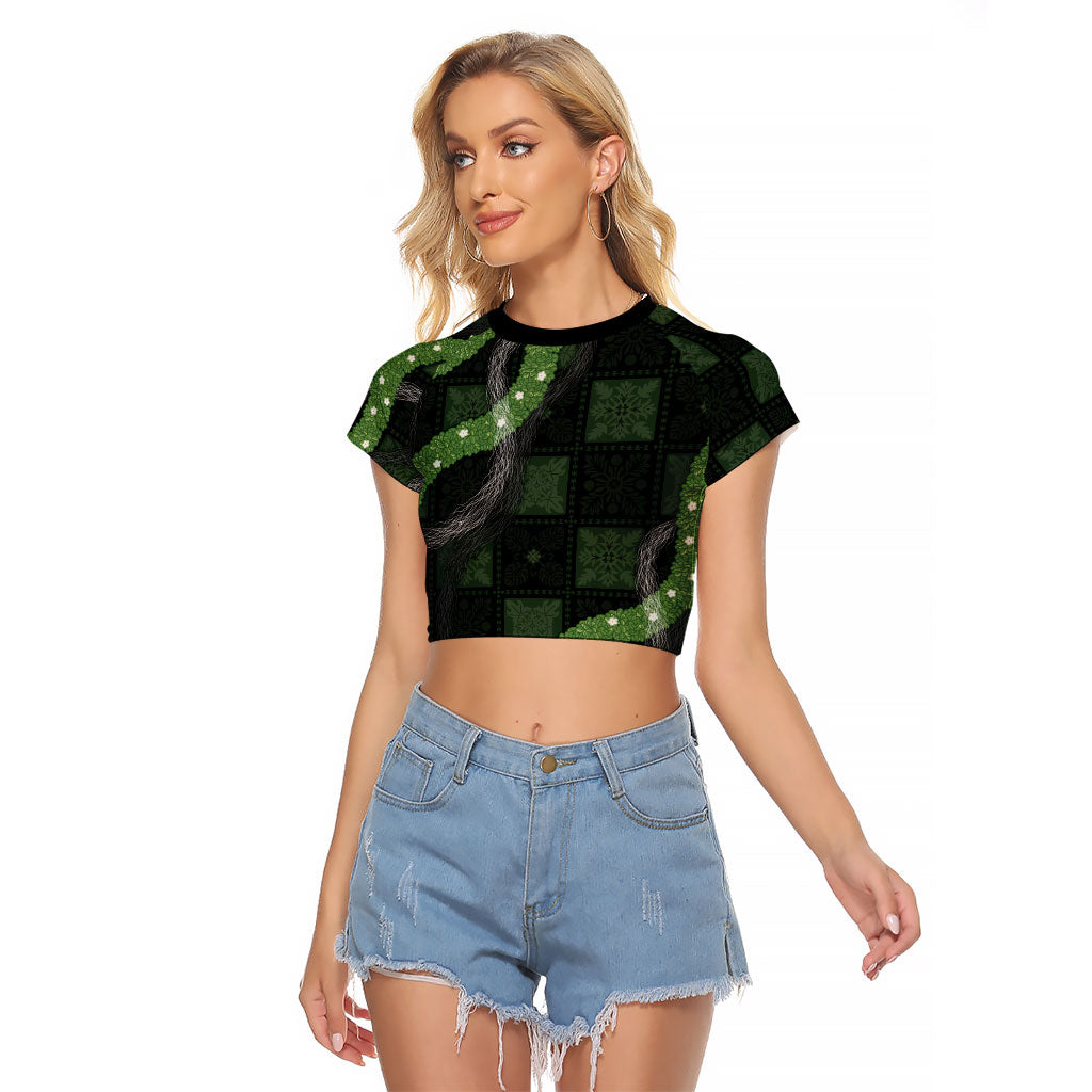 Hawaiian Quilt Raglan Cropped T Shirt Pele Hair Hinahina Lei Black Version LT05 Female Black - Polynesian Pride