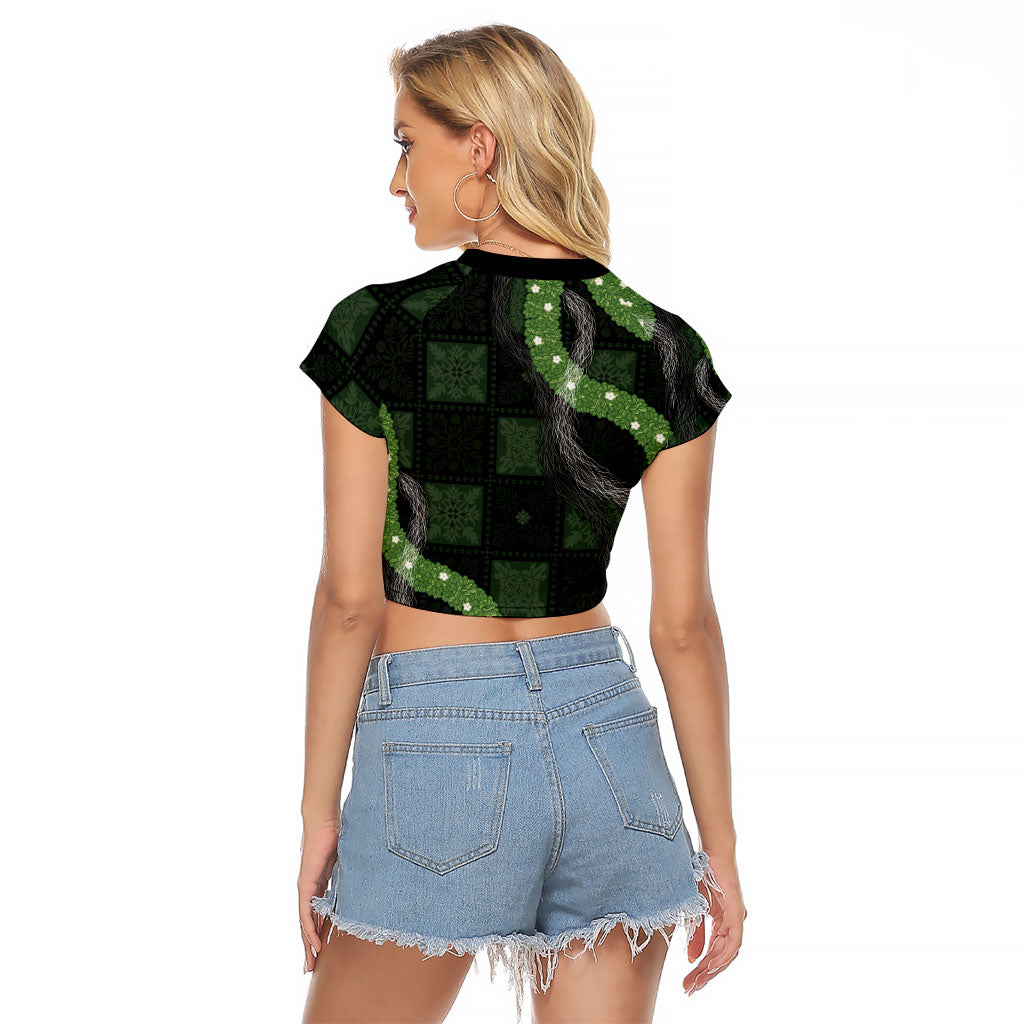 Hawaiian Quilt Raglan Cropped T Shirt Pele Hair Hinahina Lei Black Version LT05 - Polynesian Pride