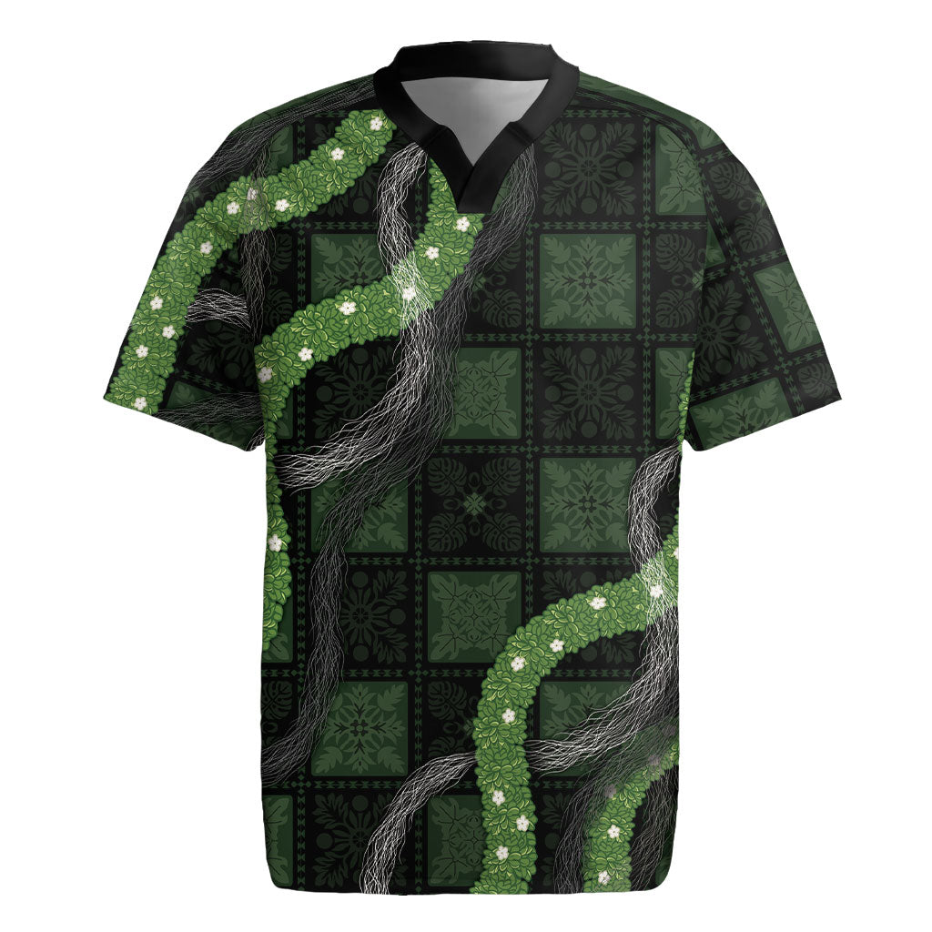 Hawaiian Quilt Rugby Jersey Pele Hair Hinahina Lei Black Version LT05 Black - Polynesian Pride