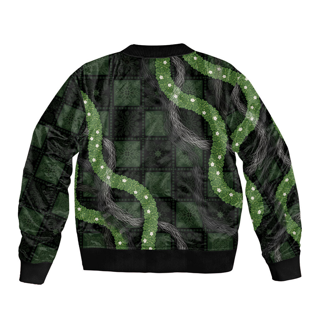 Hawaiian Quilt Sleeve Zip Bomber Jacket Pele Hair Hinahina Lei Black Version LT05 - Polynesian Pride
