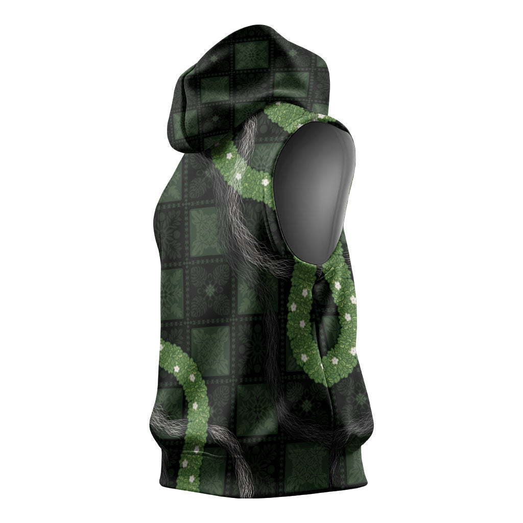 Hawaiian Quilt Sleeveless Hoodie Pele Hair Hinahina Lei Black Version LT05 - Polynesian Pride