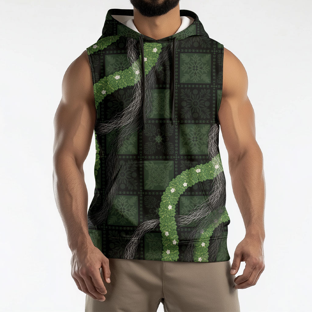 Hawaiian Quilt Sleeveless Hoodie Pele Hair Hinahina Lei Black Version LT05 - Polynesian Pride