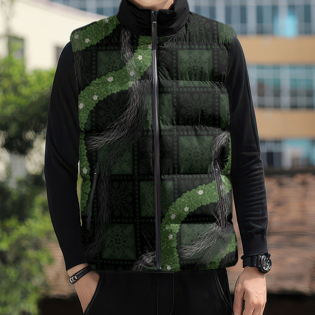 Hawaiian Quilt Sleeveless Puffer Jacket Pele Hair Hinahina Lei Black Version