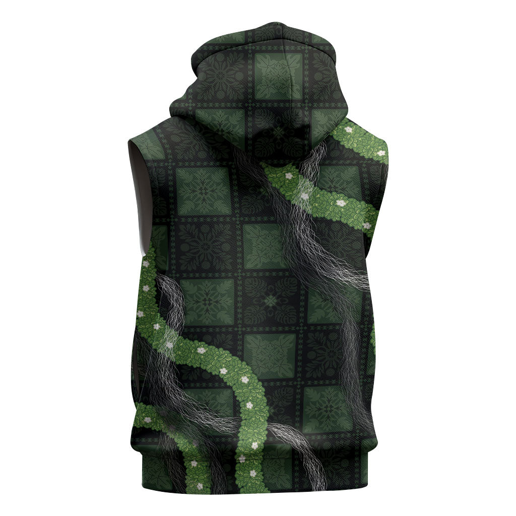 Hawaiian Quilt Sleeveless Zip Hoodie Pele Hair Hinahina Lei Black Version LT05 - Polynesian Pride