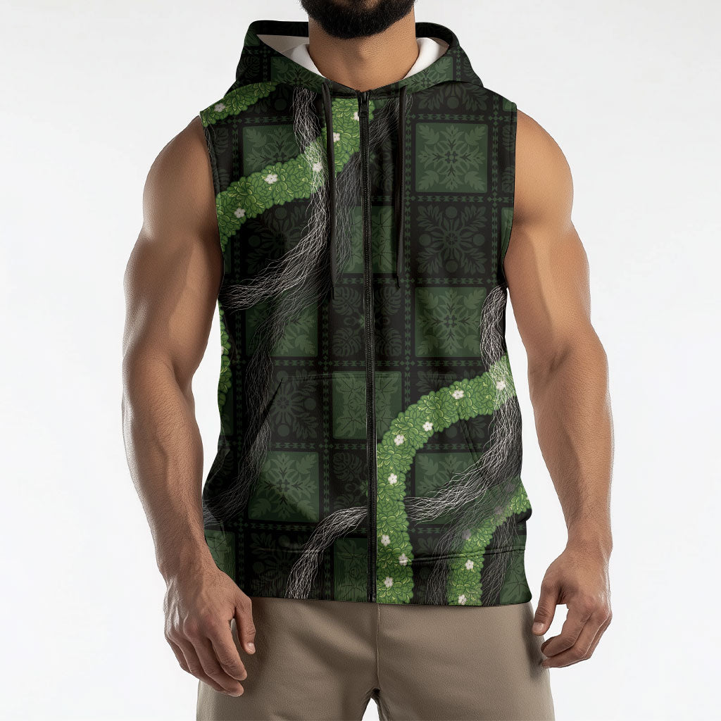 Hawaiian Quilt Sleeveless Zip Hoodie Pele Hair Hinahina Lei Black Version LT05 - Polynesian Pride