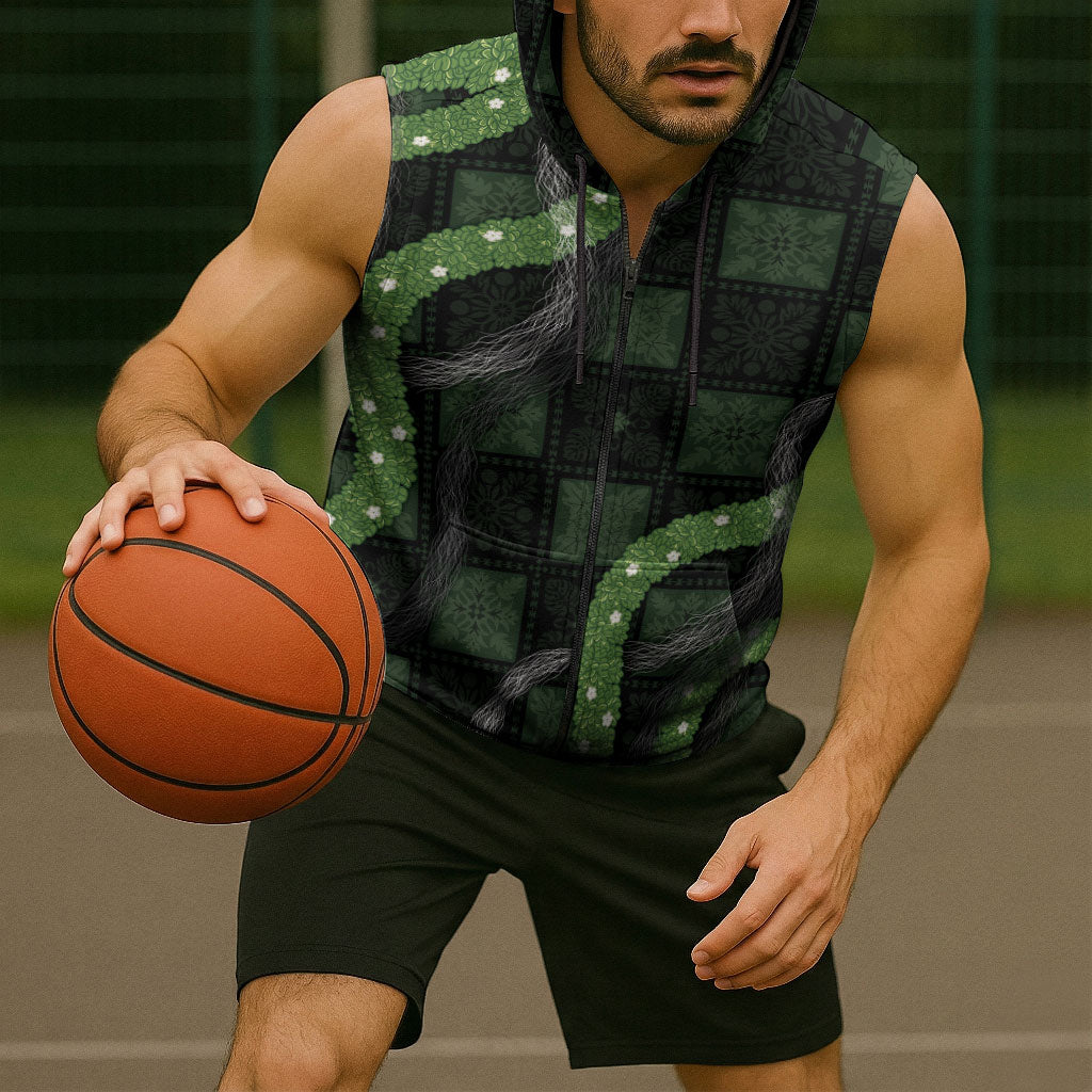 Hawaiian Quilt Sleeveless Zip Hoodie Pele Hair Hinahina Lei Black Version LT05 - Polynesian Pride