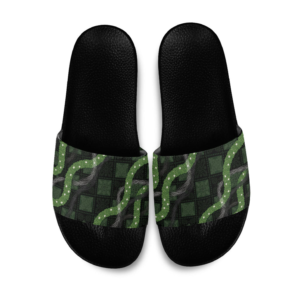 Hawaiian Quilt Slide Sandals Pele Hair Hinahina Lei Black Version LT05 Black - Polynesian Pride