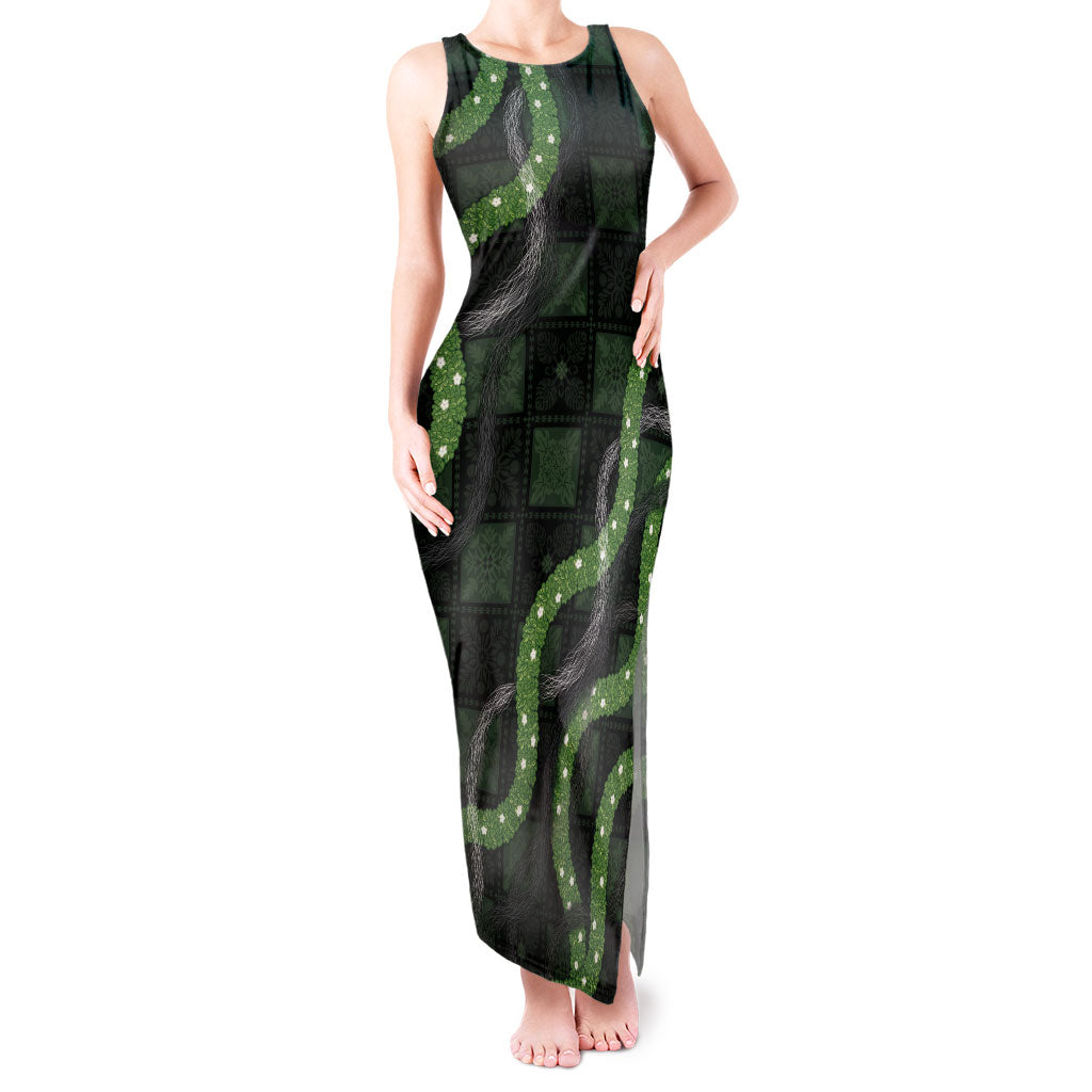 Hawaiian Quilt Tank Maxi Dress Pele Hair Hinahina Lei Black Version LT05 Women Black - Polynesian Pride