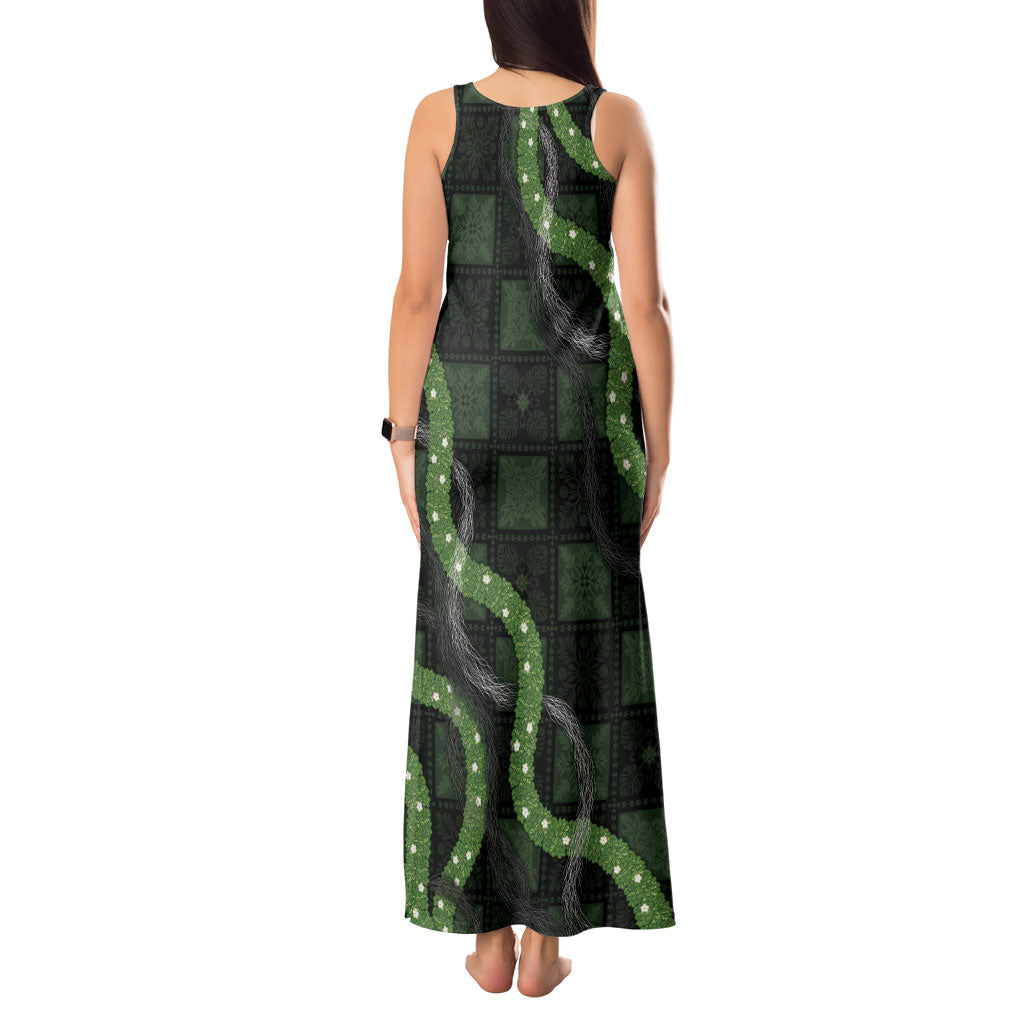 Hawaiian Quilt Tank Maxi Dress Pele Hair Hinahina Lei Black Version