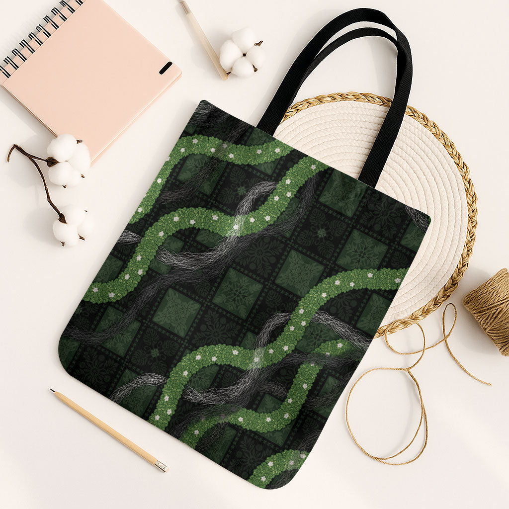 Hawaiian Quilt Tote Bag Pele Hair Hinahina Lei Black Version LT05 Black Strap One Size Black - Polynesian Pride