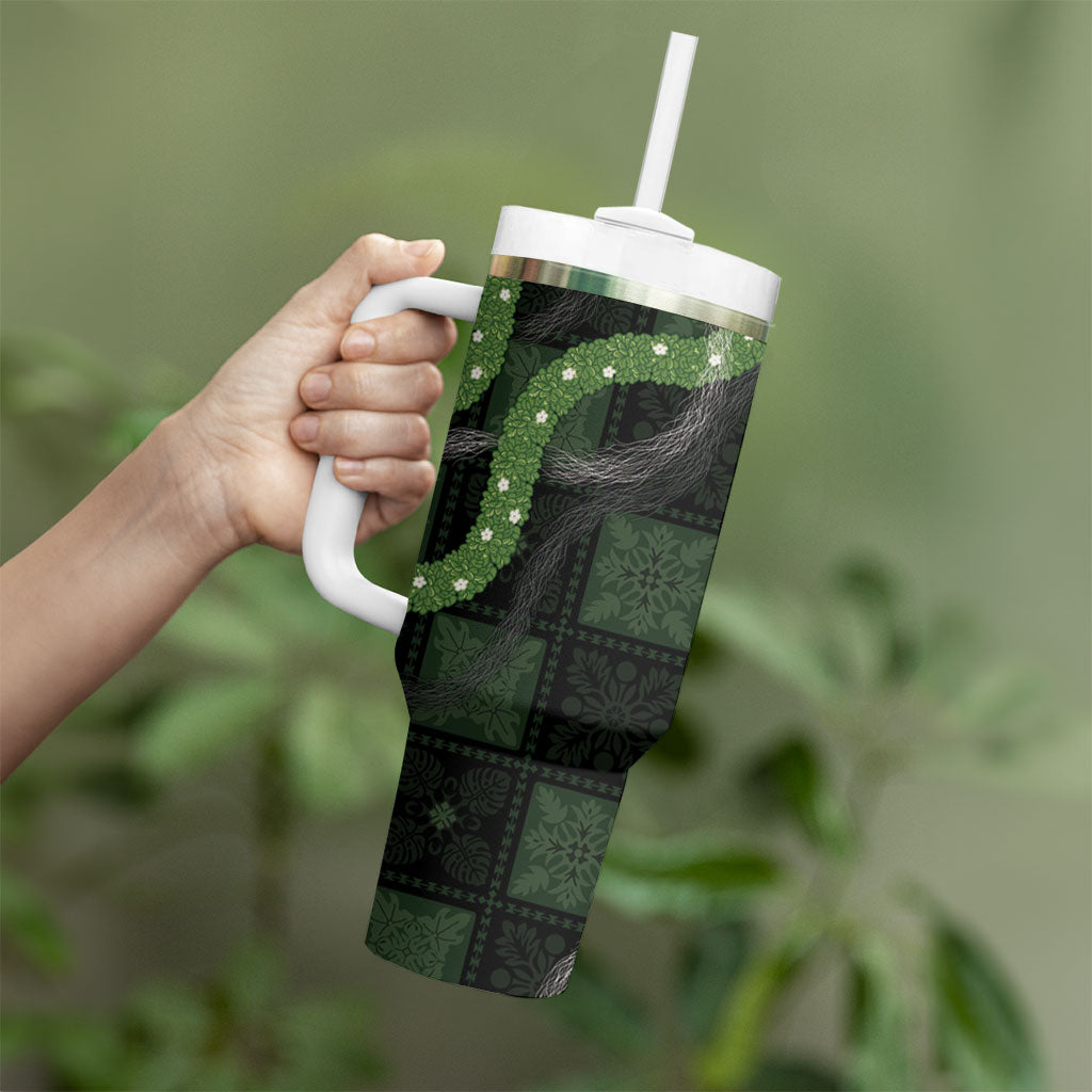 Hawaiian Quilt Tumbler With Handle Pele Hair Hinahina Lei Black Version
