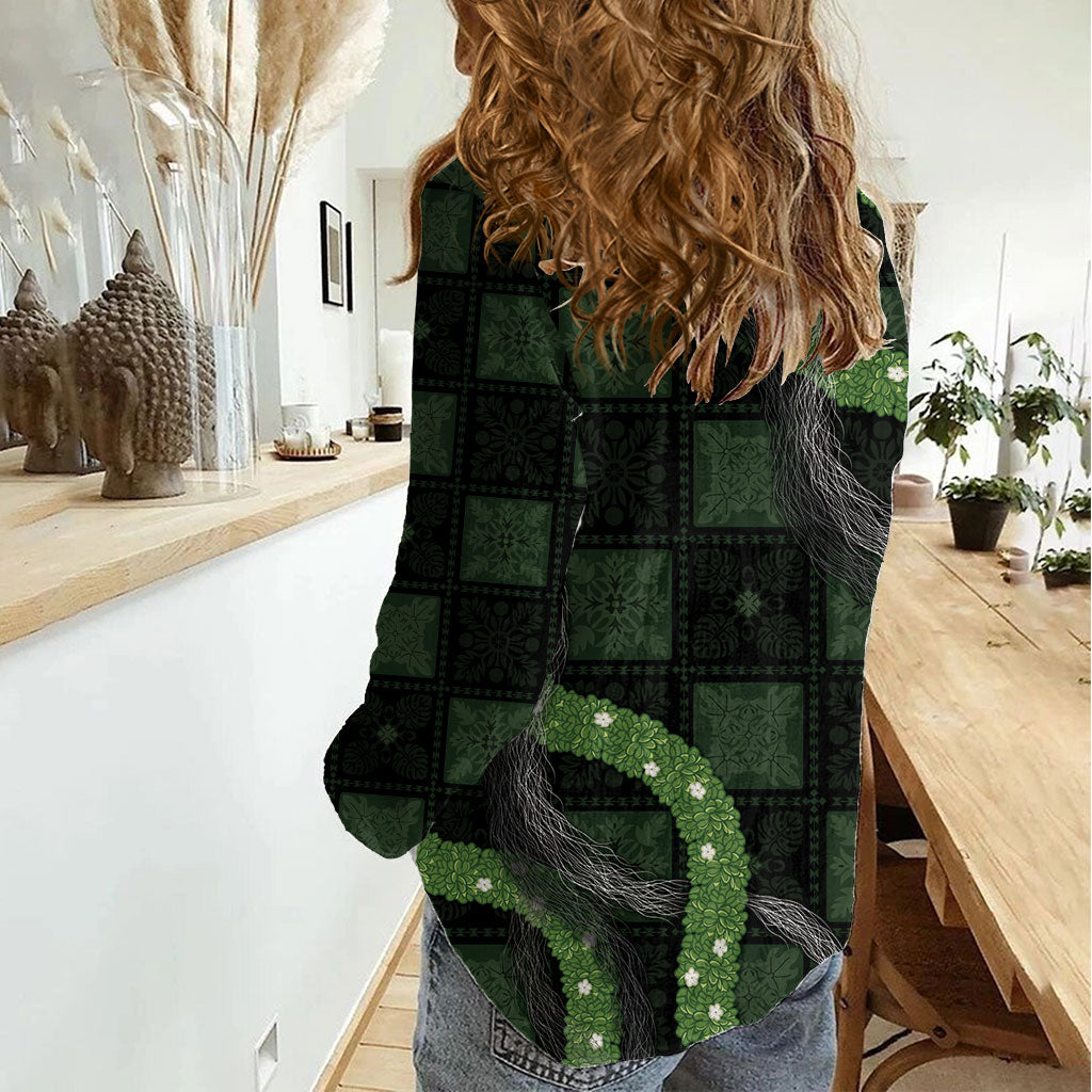 Hawaiian Quilt Women Casual Shirt Pele Hair Hinahina Lei Black Version